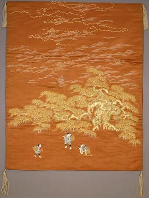 Kake-fukusa with Aged Pines and Children in Embroidery on Red Satin Ground Image