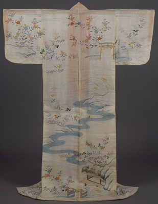 Katabira (Summer Kimono) with Autumn Scene of Nonomiya Shrine in Yuzen Dyeing and Embroidery on White Ramie Ground Image