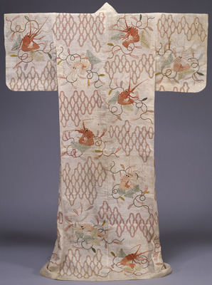 Katabira (Summer Kimono) with Lobsters, Netting, and Sacred Shinto Ropes in Dyeing and Embroidery on White Ramie Ground Image