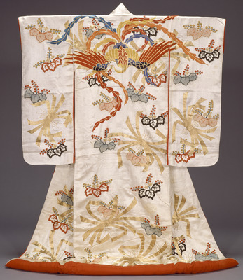 Furisode with Noshi Streamers and Paulownias in Tie-dyeing and Embroidery on White Figured-Satin Ground Image