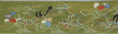 Kakeshita Obi (Sash Worn under the Uchikake) with Riverside Plants and Anchors in Dyeing and Embroidery on Green Crepe Ground Image