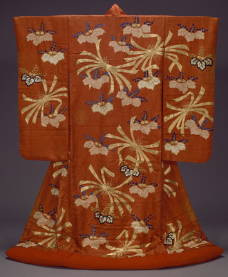 Furisode with Noshi Streamers and Paulownias in Tie-dyeing and Embroidery on Red Figured-Satin Ground Image