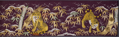 Kakeshita Obi (Sash Worn under Uchikake) with Embroidered Bamboo and Tigers on Purple Satin Ground Image