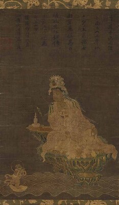 Hanging Scroll of Nyoirin Kannon (Cintamani-cakra-avalokitesvara) Embroidered on Silk Ground Image