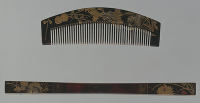 Comb and Ornamental Hairpin with Flowering Plants of the Four Seasons in Makie on Tortoise Shell Image