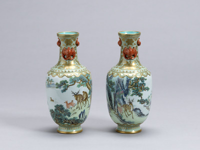 Pair of Vases with Deer and Pine Scenery; Qianlong Reign Mark Jingdezhen ware Image