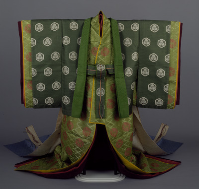 Karaginu (Informal Court Robe) with Three-Leafed Hollyhocks on Green Linked Tortoiseshell Ground Image