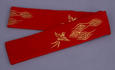 Obi (Sash) with Clouds, Vapors, and Long-Tailed Birds on Scarlet Ground Image