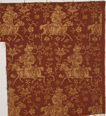 Kinran (Gold Brocade) Cloth with Figures Holding Plum Branches on Horseback and Camellias Image