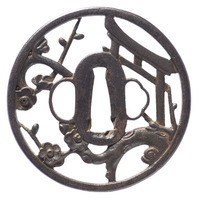 Tsuba (Sword Guard) with Temmangu Shrine in Openwork Attributed Shoami Image