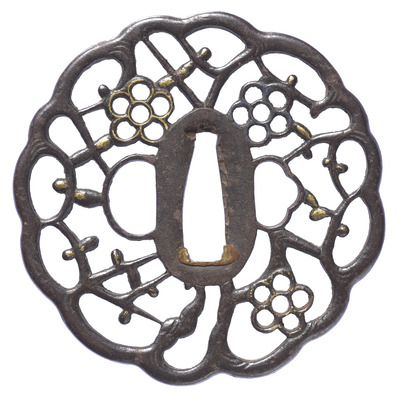 Tsuba (Sword Guard) with Plum Tree in Openwork Attributed to Kyo-Shoami Image