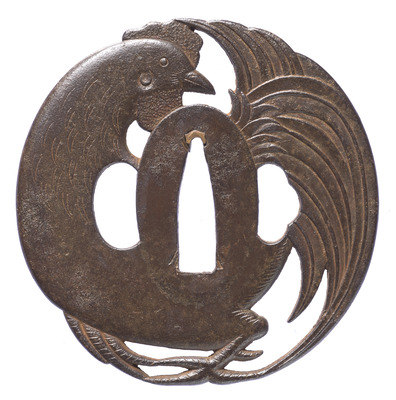 Tsuba (Sword Guard) with Rooster in Openwork Inscription of Toshisada of Sado Image