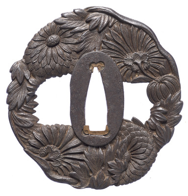 Tsuba (Sword Guard) with Chrysanthemums in OpenworkInscription and seal of Gyokushoken Kikukawa Hisateru Image