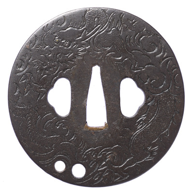 Tsuba (Sword Guard) with Dragon and Cloud Inscription of Sadamasa of Tango Image