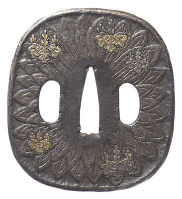 Tsuba (Sword Guard) with Scattered Paulownia and Chrysanthemums Inscription of Kumagai Yoshitsugu of Higo Image