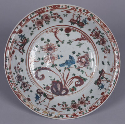 Large Plate with Flowers, Birds, and Pavilion in Cobalt Blue and Polychrome Overglaze Enamels Image