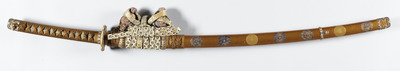 Long Sword (Tachi) with Chrysanthemum Crests on Gold Pear-skin Lacquered Scabbard and Cord-bound Mounting Image