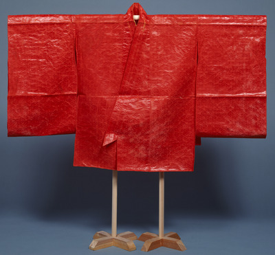 Hikibeki (Unlined Summer Robe) of the Emperor Reigen with Small Hollyhocks on Red Twill-Weave Image