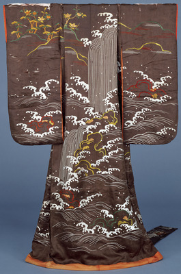 Omeshi Kimono with Falling Waterfalls in Embroidery on Brown Figured-Satin Ground Image