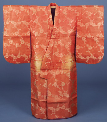 Ofuku (Aristocrat's Robe) with Double-Blossom Plum Branches in Pinkish-Vermilion Pattern Weave Image