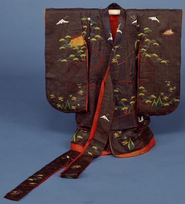 Omeshi (Child's Kimono) with Pine and Flying Cranes in Embroidery on Blackish-Vermilion Figured-Sati Image