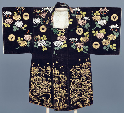 Hifu (Haori Coat) with Triple-Chrysanthemums and Crests in Embroidery on Black Velvet Ground Image