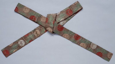 Sage-obi (Narrow Sash) with Vapors and Long-tailed Cock Medallions in Pattern-Weave on Satin Ground Image