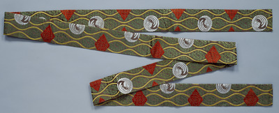 Sage-obi (Narrow Sash) with Lavender Serpentine Columns, Vermilion Cloud Lozenges, and White Long-tailed Cock Medallions on Blackish-Vermilion Figured-Satin Image