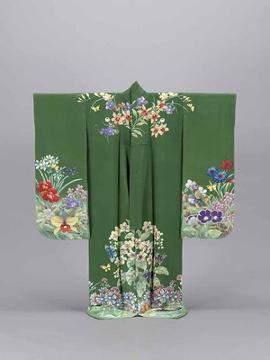 緑縮緬地洋花文様染繍振袖 画像