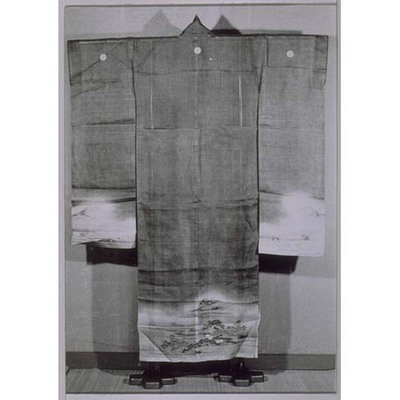 Hitoe (Unlined Kimono) with Scenes of Uji on Blue Gray Ramie Ground Image