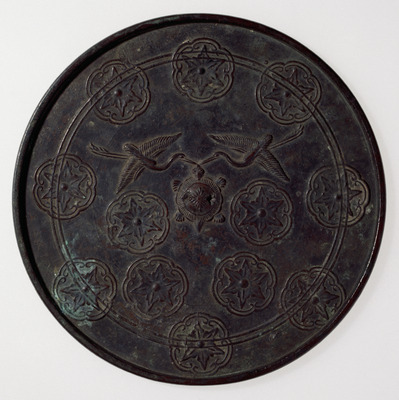 Mirror with a Pair of Cranes and Scattered Quince Crests Image