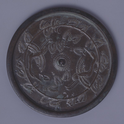 Mirror with Pines and Cranes (with Line-engraved Image of Senju Kannon (Thousand-Armed Avalokitesvar Image