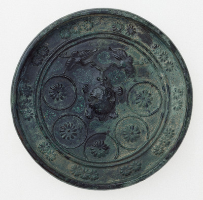 Mirror with Scattered Chrysanthemum Roundels and a Pair of Cranes Image