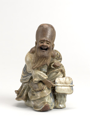 Kyoto Ware Incense Burner in the Shape of the God of Longevity in Underglaze Blue and Brown Glaze Image