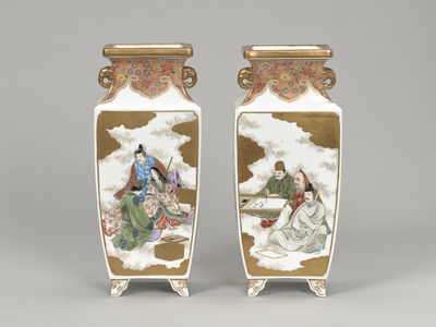 金彩色絵人物花鳥風景文四方花瓶 画像