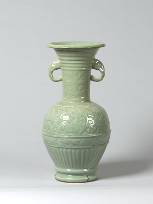 Longquan Celadon Vase with Elephant Head-shaped Lugs and Engraved Peonies and Arabesque Image