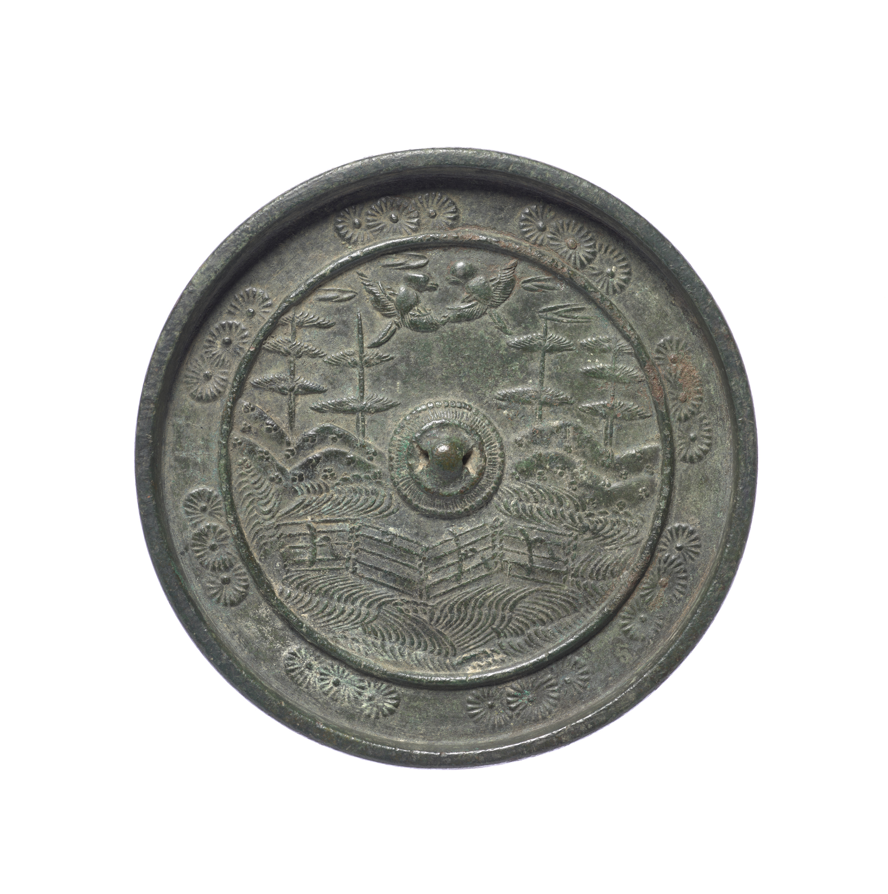 筏流山水双鳥鏡 画像