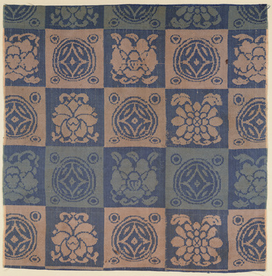 Donsu (Figured Satin) Cloth with Flowers and Interlinked Circles in Checkered Pattern, Known as "Enshu Donsu Image