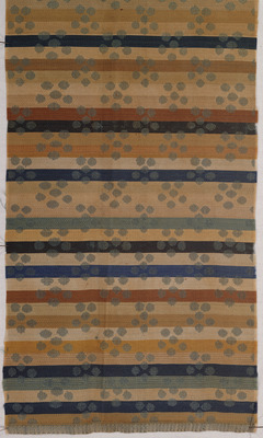 Donsu (Figured Satin) Cloth with Plum Blossoms, Checkered Patterns, and Treasures on Striped Ground, Known as "Iyosudare Donsu Image