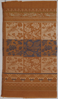 Donsu (Figured Satin) Cloth with Designs within Blocks, Known as "Banreki Donsu Image