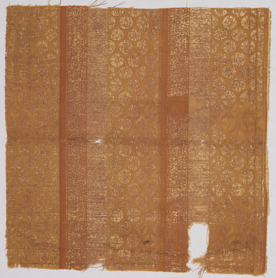 Kinran (Gold Brocade) Cloth with Roundels, Diagonal Lattices, and Rosettes in Bands (Known as Shokkin Kinran) Image