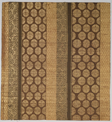 Kinran (Gold Brocade) Cloth with Stripes of Shippo Pattern, Lozenges, and Flowers, Known as "Shokkin Kinran Image