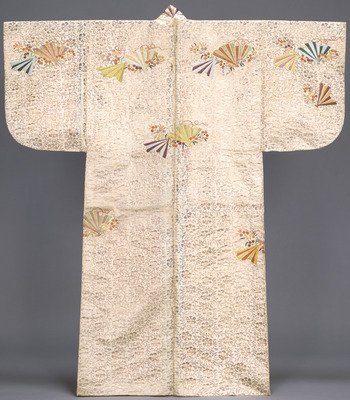 Nuihaku No Costume with Embroidered Cypress Fans and Flowering Plants over Gold Leaf Clematis Arabesque on White Ground Image