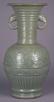 Longquan Celadon Vase with Elephant Head-shaped Lugs and Engraved Peonies and Arabesque Image