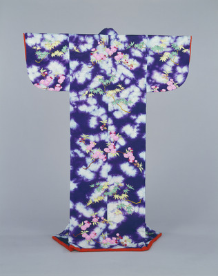 Kosode (Kimono) with Cherry Blossoms and Maple Leaves Shaded (Bokashi) Purple Crepe (Chirimen) Groun Image