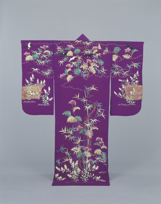 Furisode (Long-Sleeved Kimono) with Silk Trees and Swallows on Purple Crepe (Kinuchijimi) Ground Image