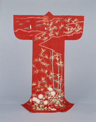 Hitoe (Unlined Kimono) with Moon, Wild Geese, Chrysanthemums, and Bamboo on Red Crepe (Chirimen) Gro Image