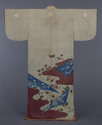 Kosode (Kimono) with Triangles and Maple Leaves on Ivory Figured Satin (Saya) Ground Image