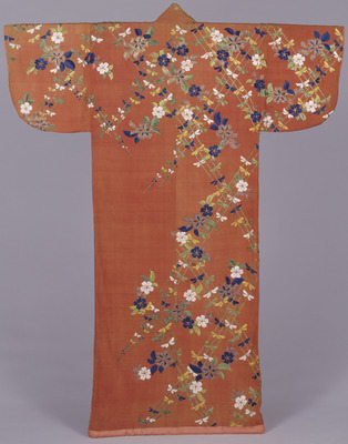 Kosode (Kimono) with Willows and Cherry Blossoms in Embroidery on Vermilion Ground Image