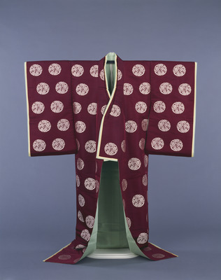 Semiformal Ceremonial Court Robe with Plum Roundels on Purple Floating-weft Twill Weave (Karaori) Ground Image